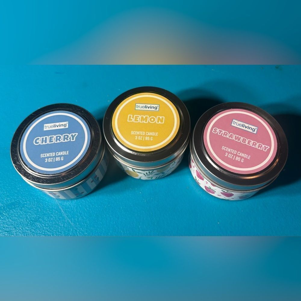 New! True Living 3 oz Candle Bundle of 3 Cherry Lemon Strawberry Scents